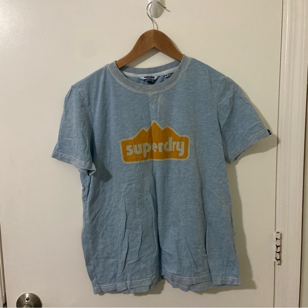 Superdry Sky Blue Tee Orange Accents Short Sleeve Logo Graphic Print T-Shirt Top